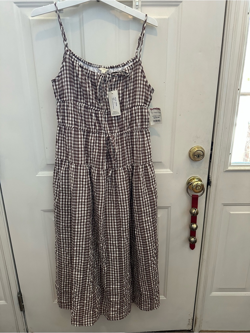 T.J.Maxx Brown Gingham Tiered Maxi Dress with Spaghetti Straps